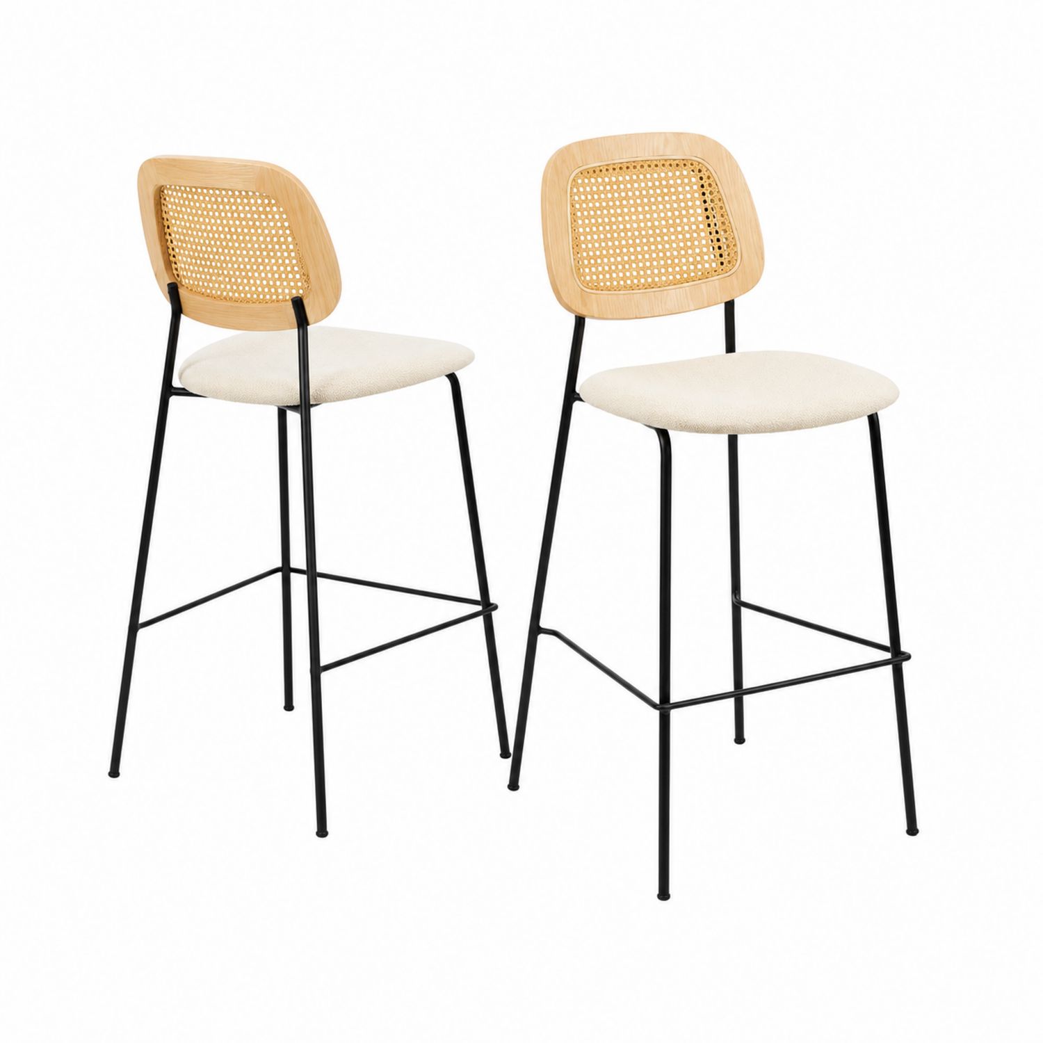 Set di 2 sgabelli con schienale in rattan e struttura in metallo nero