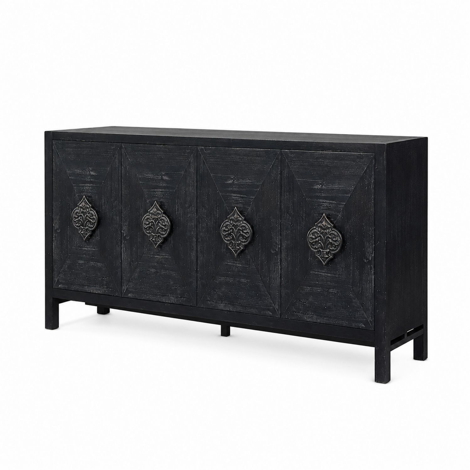 Credenza in Legno Massello con Intagli Decorativi Nera