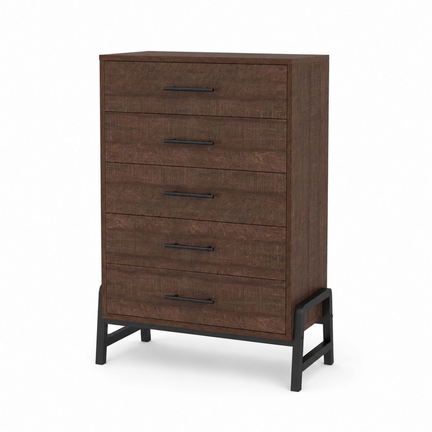 Cassettiera in legno marrone scuro con 5 cassetti e gambe in metallo