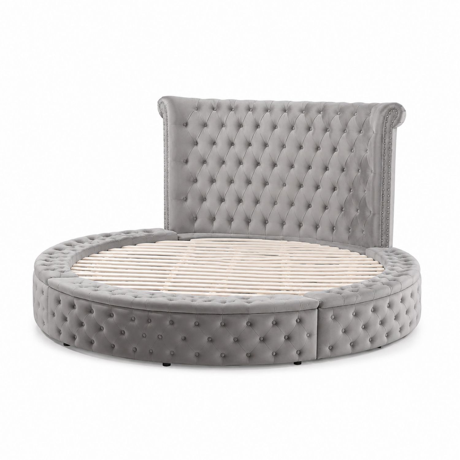 Letto Rotondo in Velluto con Testiera Imbottita Grigio 220 cm