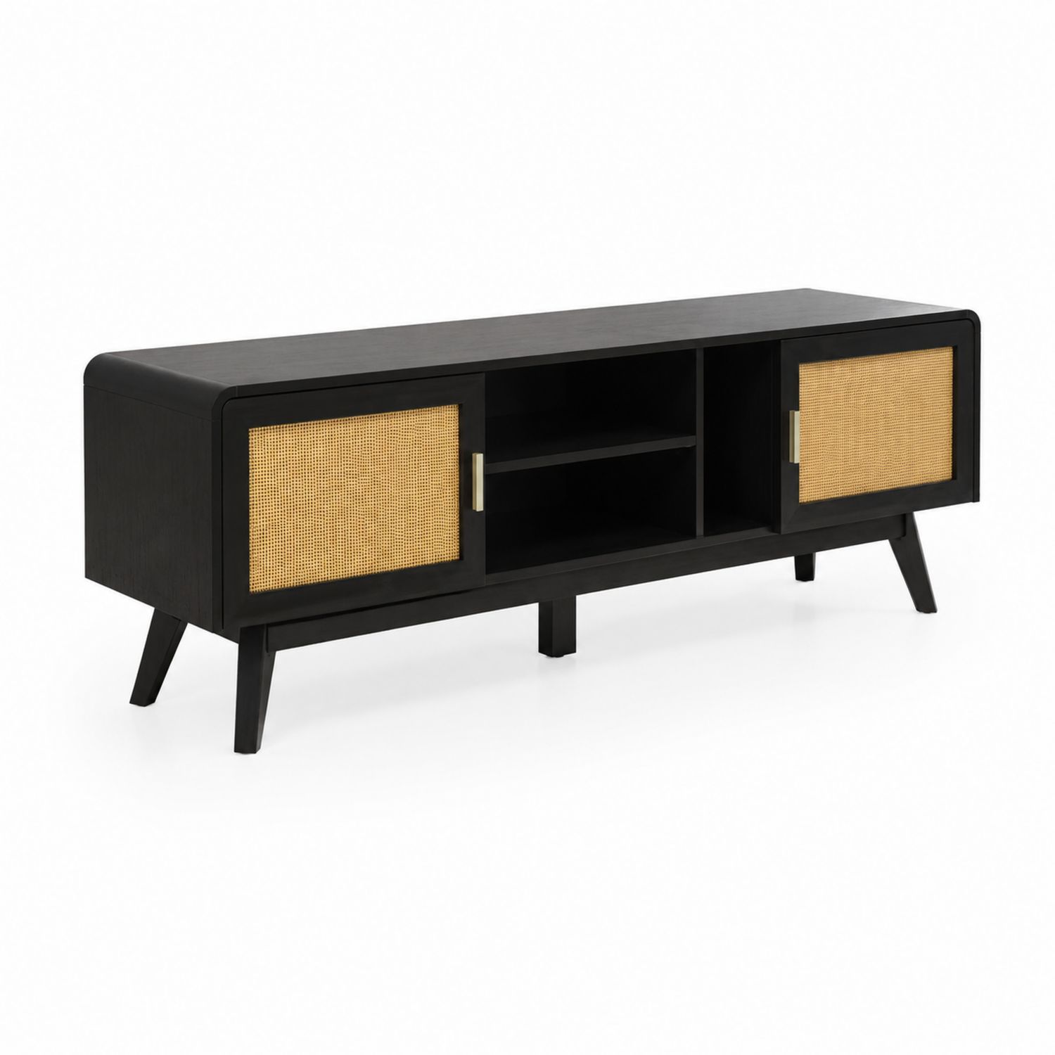 Mobile TV in Legno con Ante in Rattan, Nero e Naturale