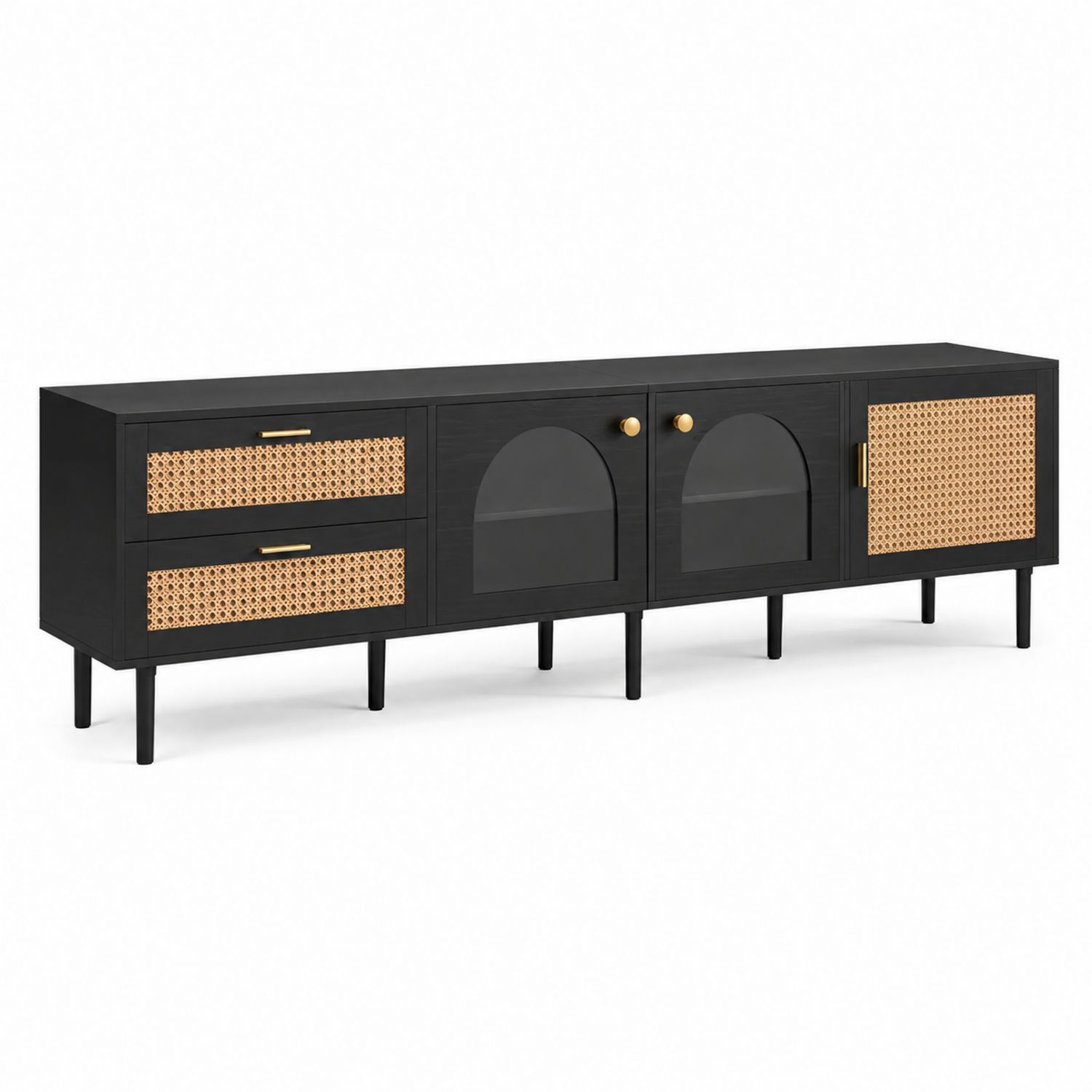 Mobile TV in legno nero con ante in vetro temperato e rattan
