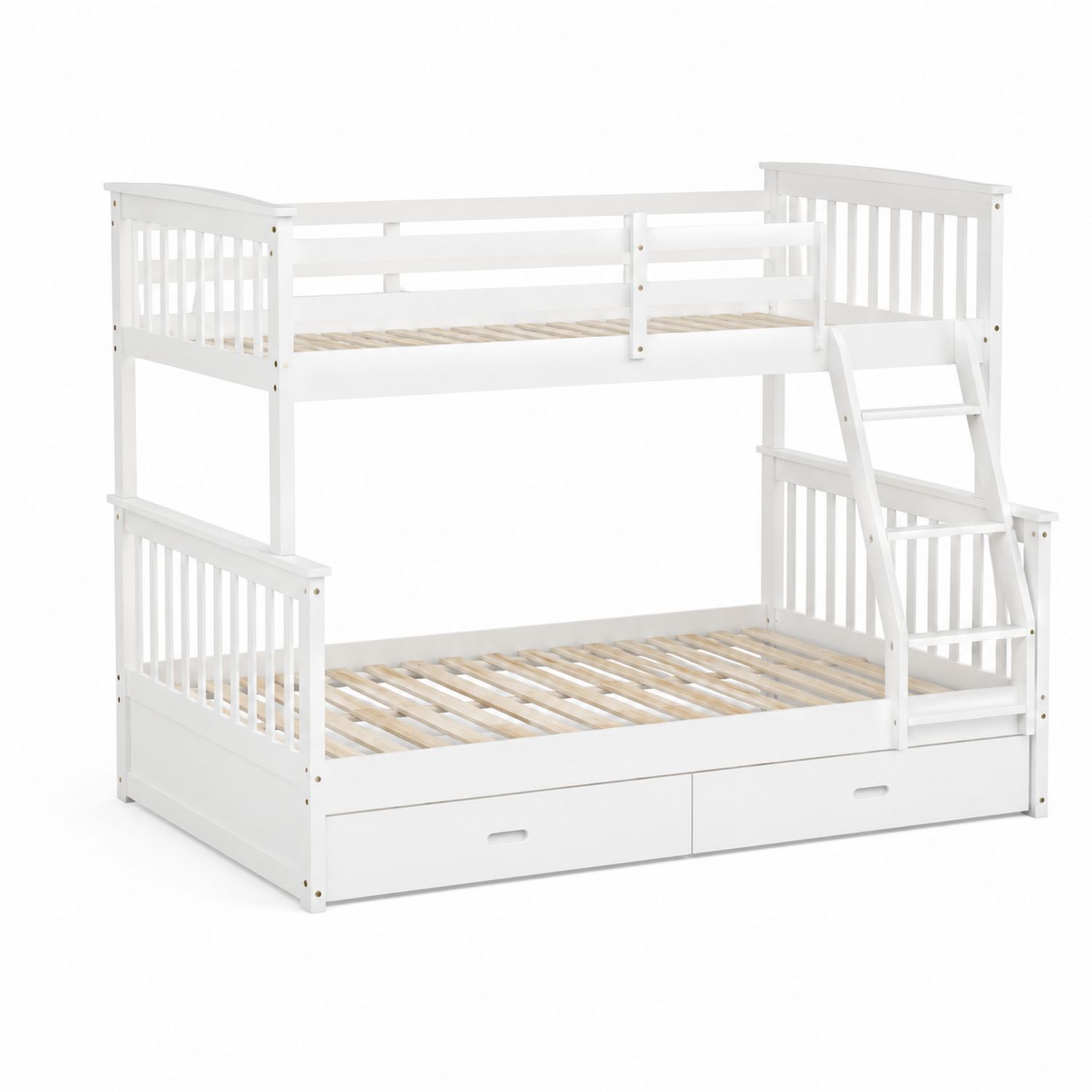 Letto a castello in legno bianco con scala e cassetti