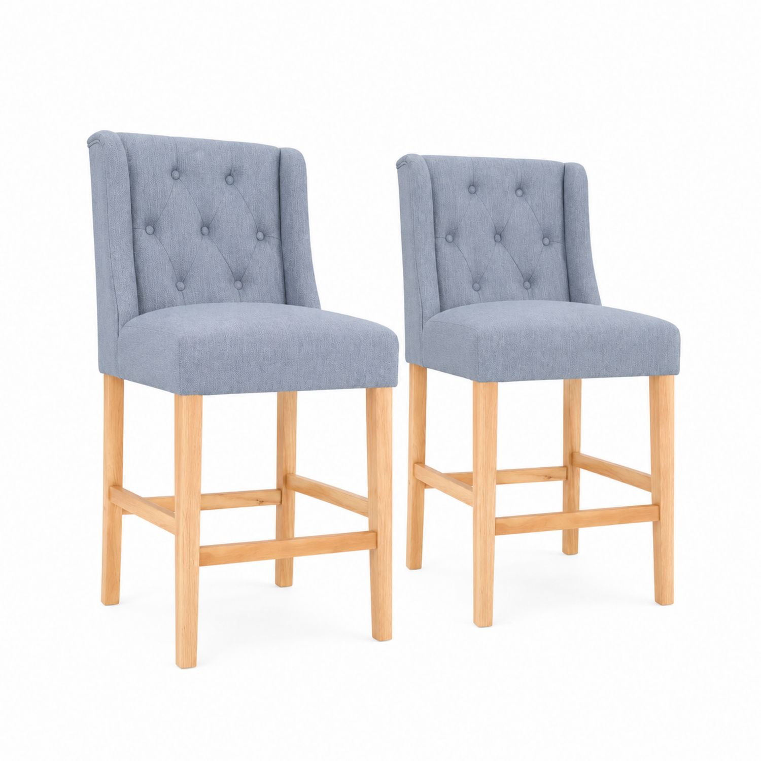 Set di 2 sgabelli da bar in tessuto con gambe in legno, Altezza seduta 75 cm, Blu