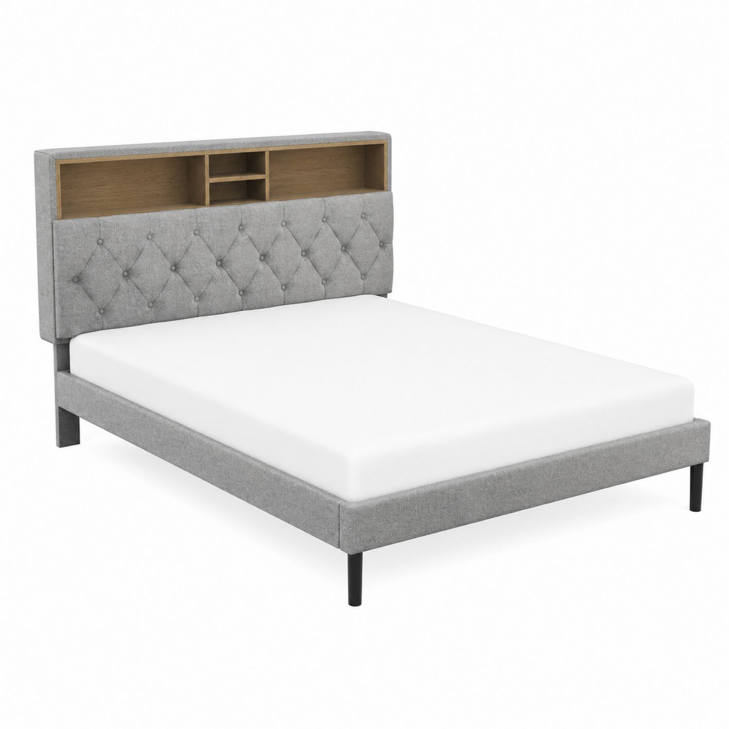Letto matrimoniale con testiera e scaffale integrato in tessuto, legno e metallo