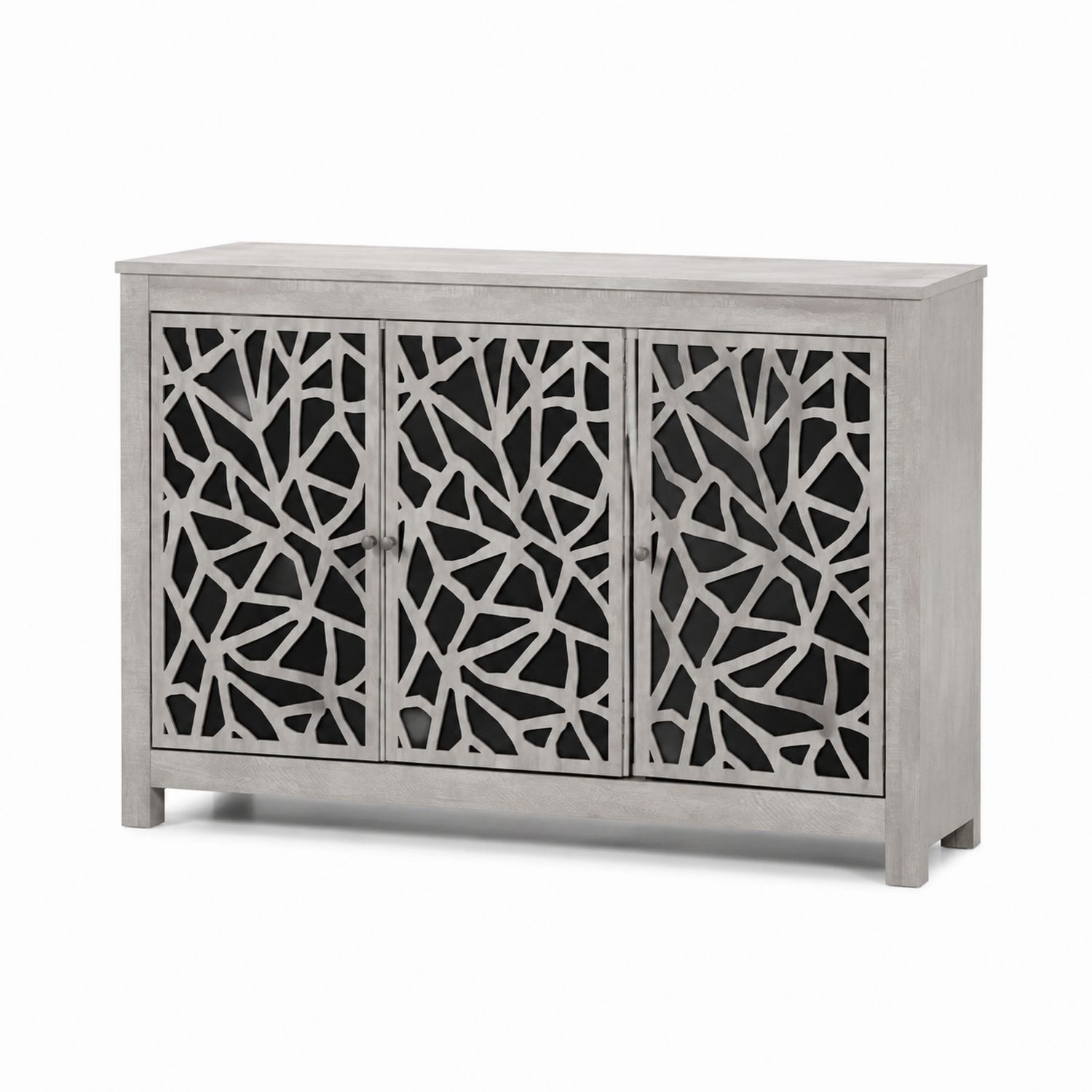 Credenza in Legno Massello con Intarsi a Tre Ante Grigia