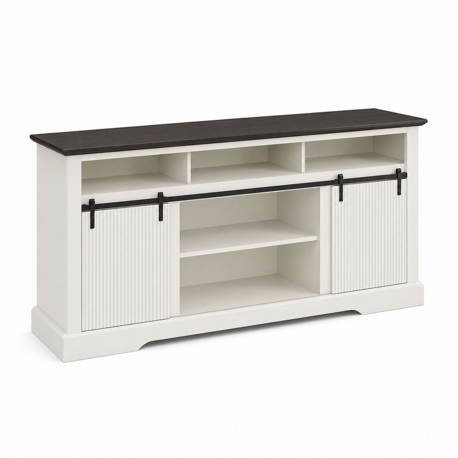 Mobile TV Bianco con Ripiani e Porte Scorrevoli in Legno MDF