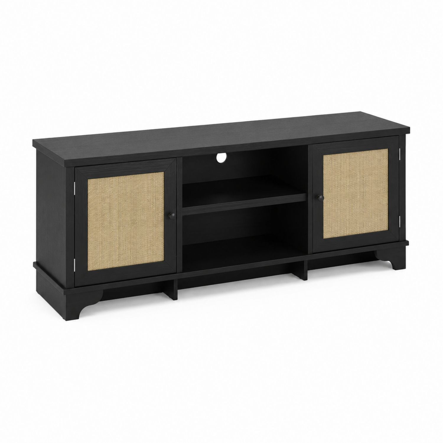 Mobile TV in legno MDF nero con porte in rattan
