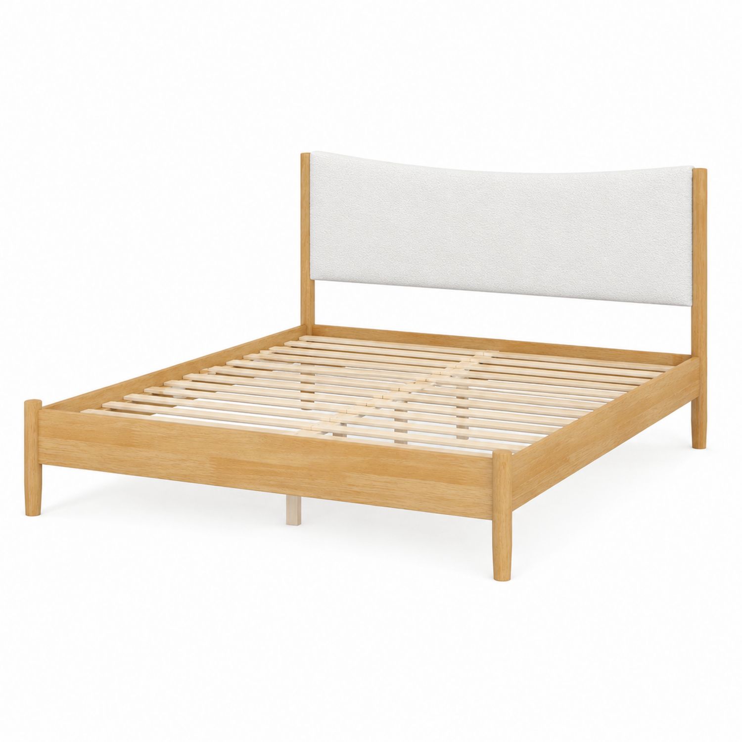 Letto matrimoniale in legno con testiera in tessuto bianco