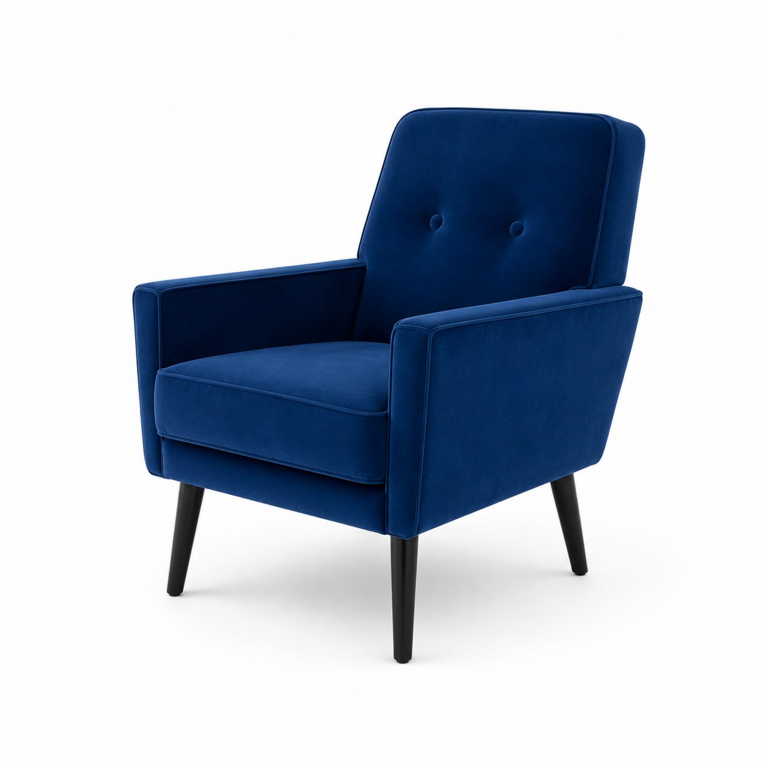 Poltrona in velluto blu con gambe in legno