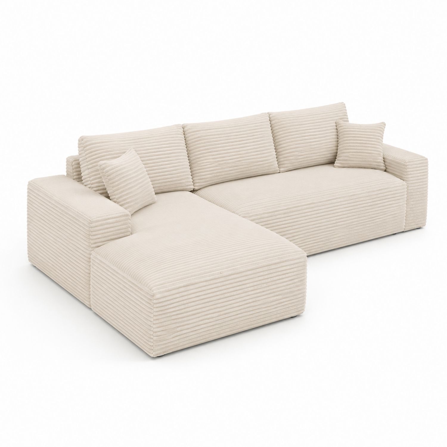 Divano angolare in velluto a coste beige con cuscini