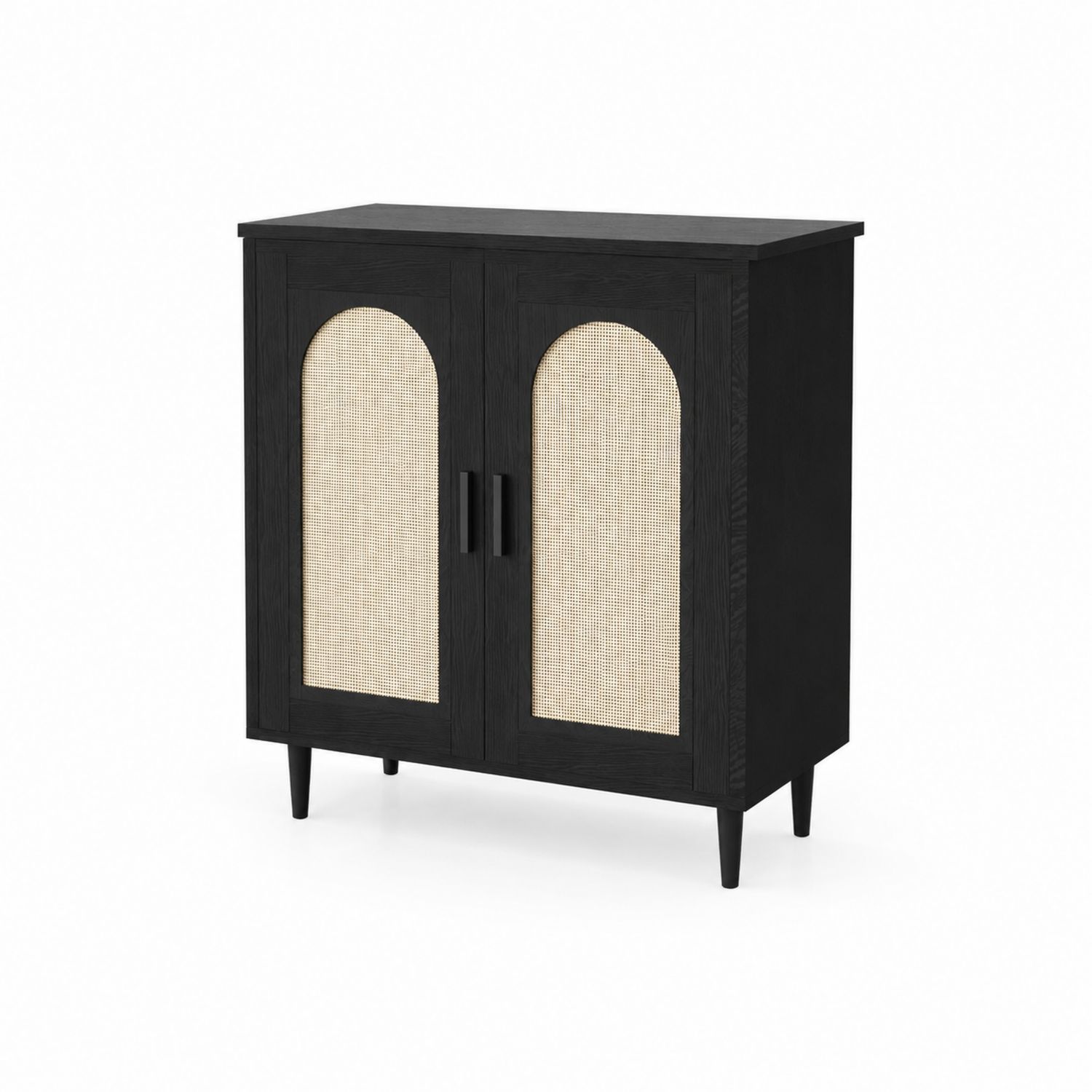 Credenza in Legno Nero con Ante in Rattan Intrecciato 80x35x100 cm