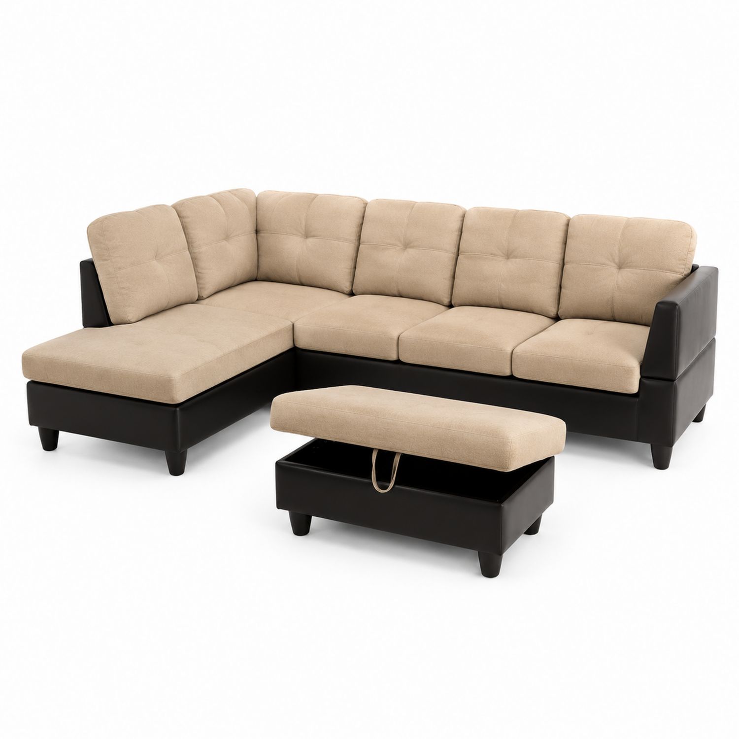 Divano ad angolo in tessuto e ecopelle con pouf integrato Beige/Marrone