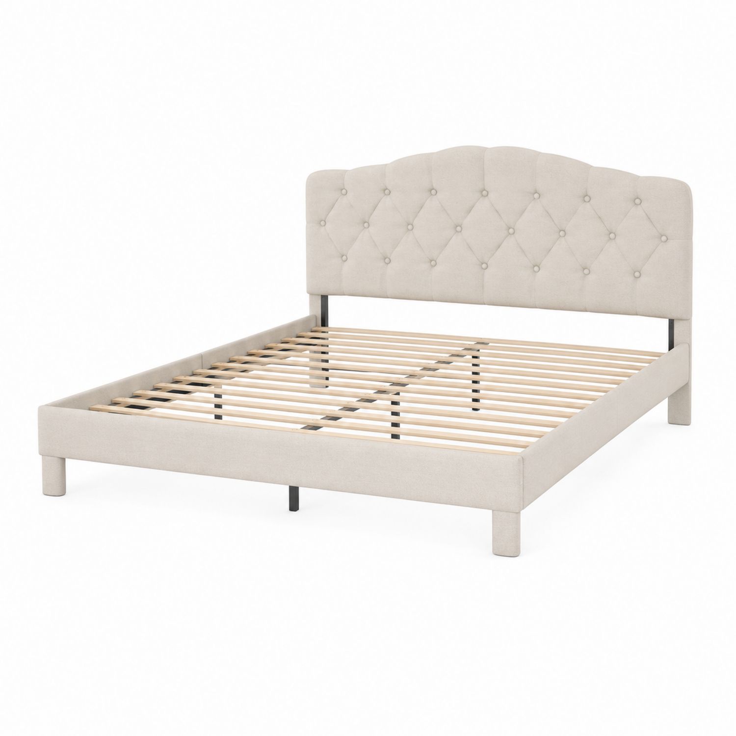 Letto matrimoniale imbottito con testiera a bottoni 200x160 cm in legno e poliestere Beige