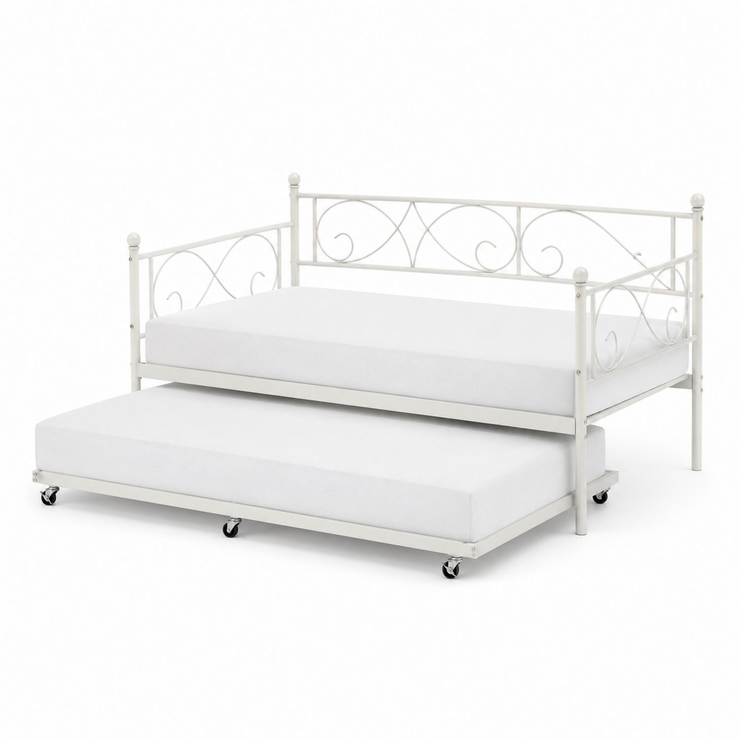Letto in metallo bianco con letto estraibile e materassi in schiuma