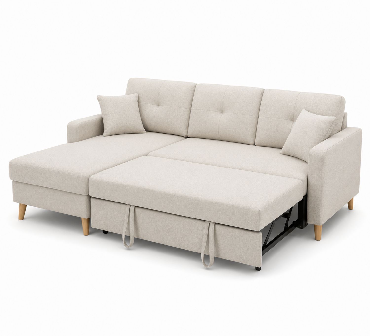 Divano angolare letto in tessuto di cotone beige con chaise longue e cuscini