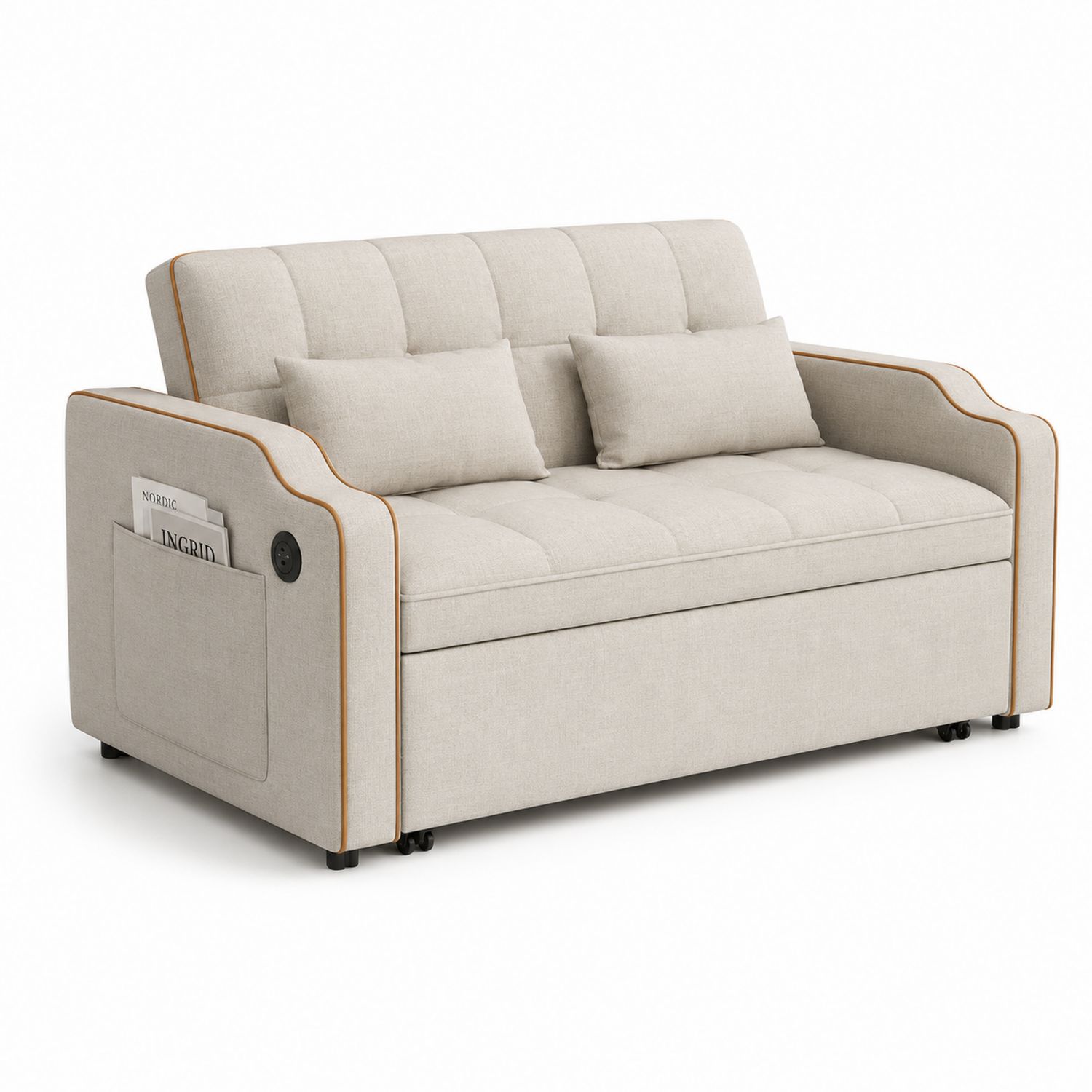 Divano Letto in Tessuto Beige con Porta USB