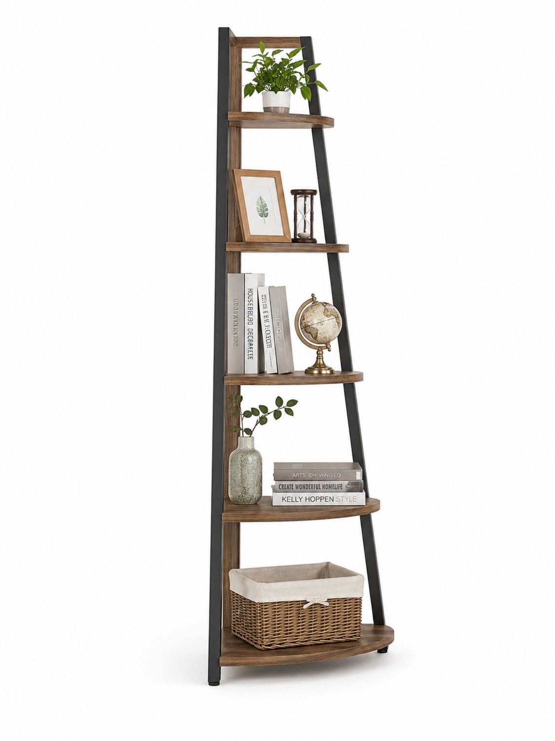 Scaffale a Scala in Legno e Metallo 180x65x40cm 5 Ripiani Noce/Nero