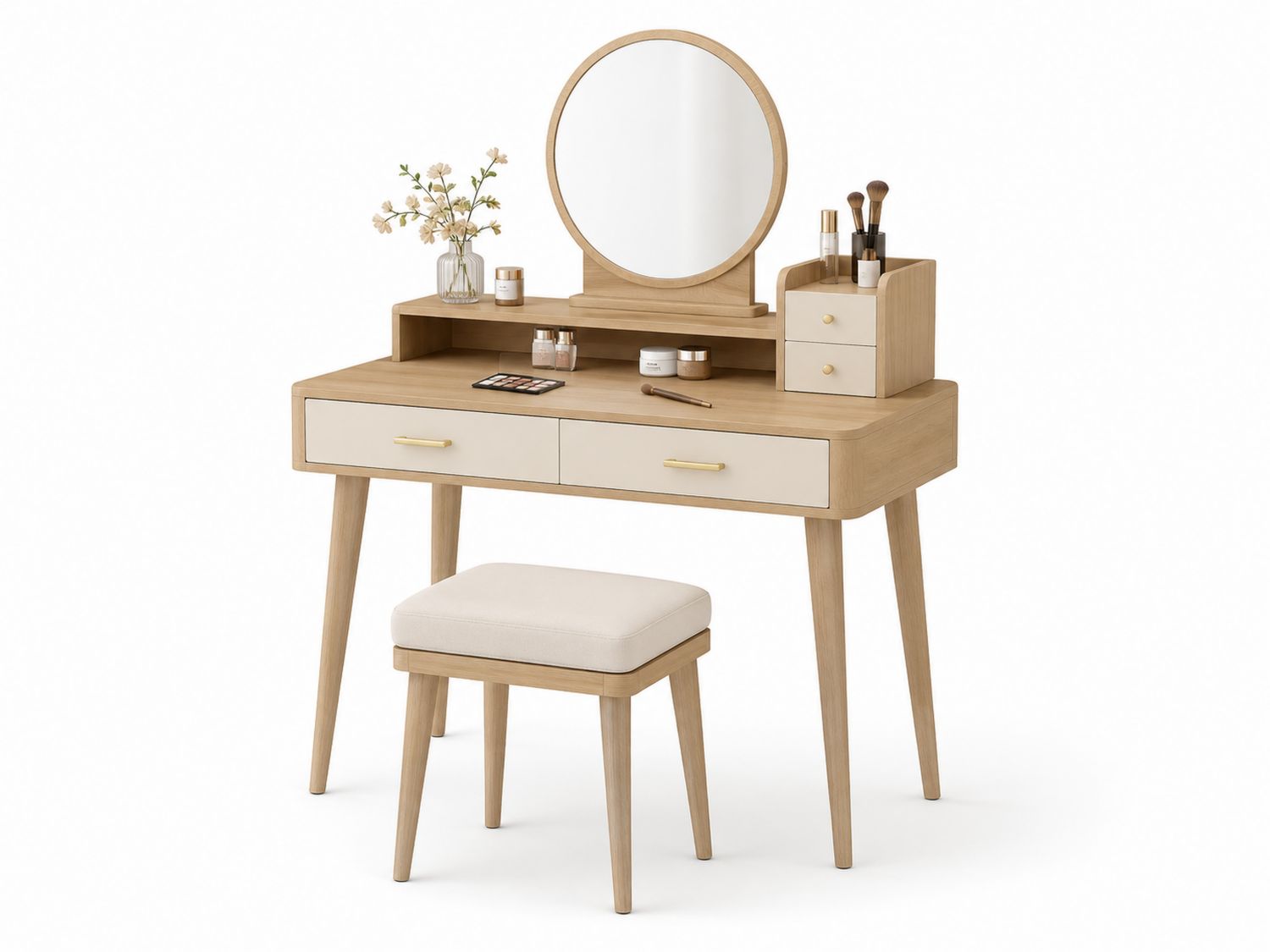 Toeletta in Legno Massello con Specchio Rotondo e Sgabello in Tessuto Beige