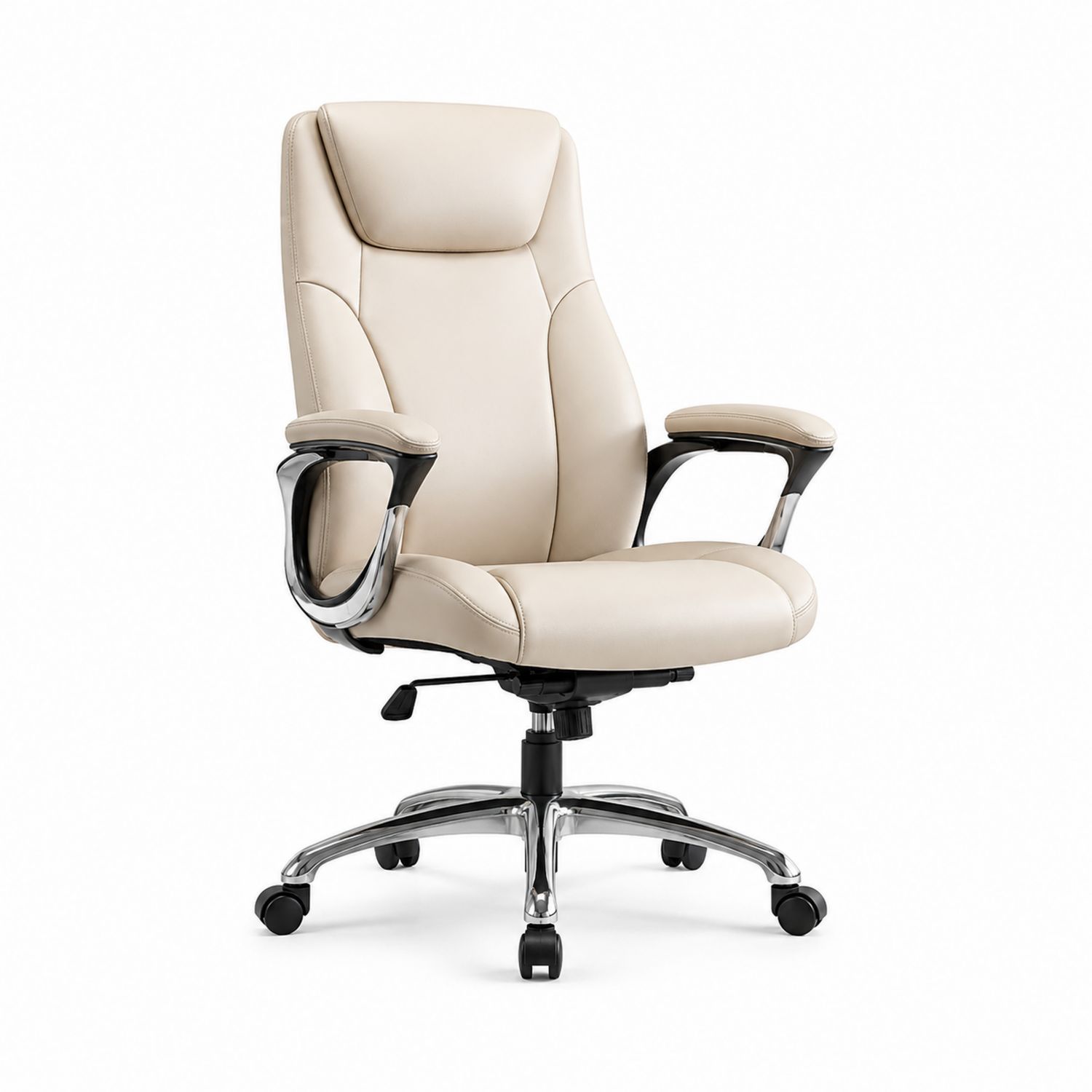 Sedia da ufficio in pelle sintetica beige con base in metallo