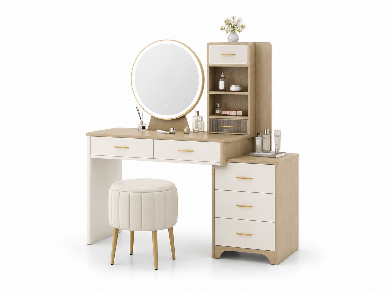 Toeletta in MDF con Sgabello e Specchio LED Rotondo Bianco/Beige