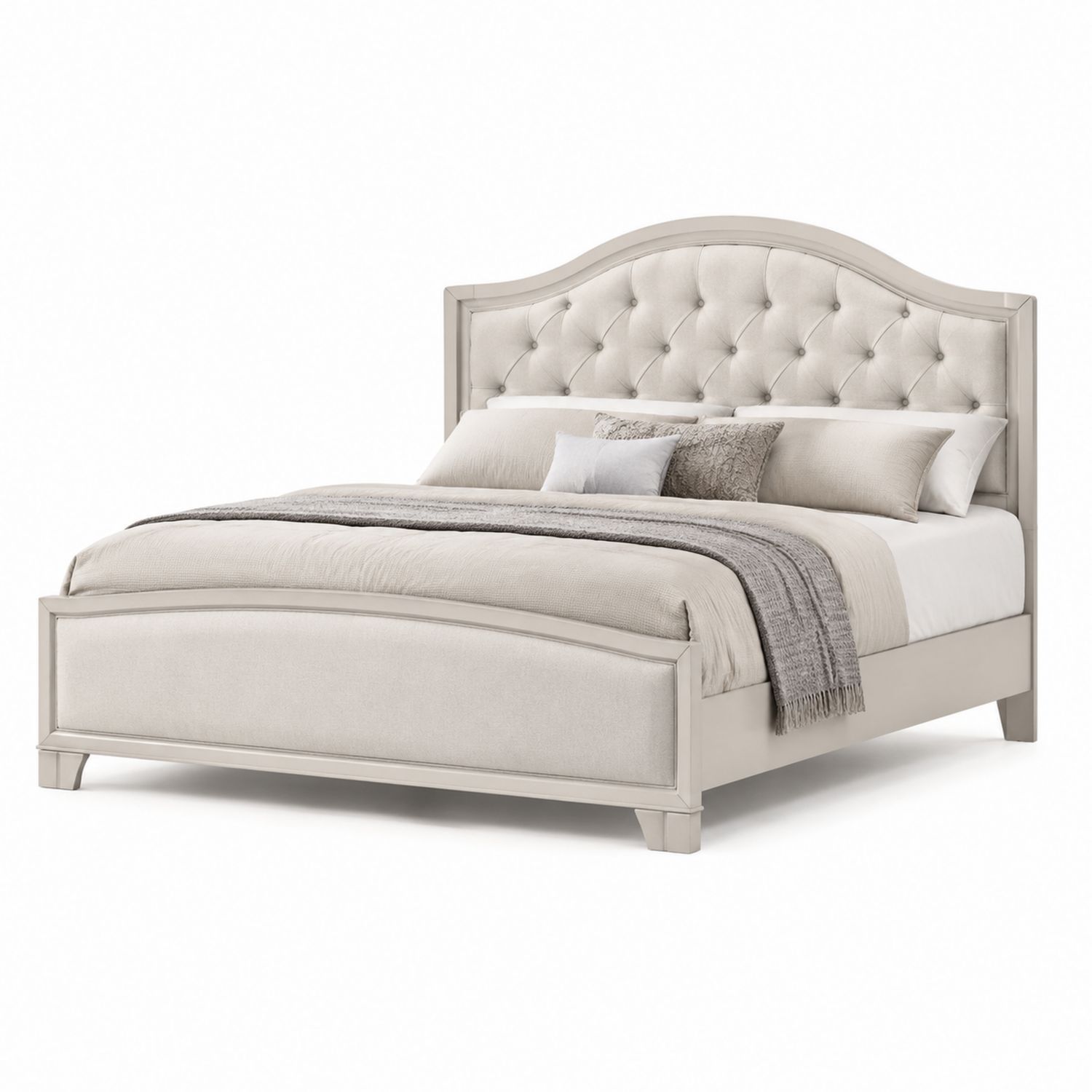 Letto matrimoniale in legno e tessuto beige con testiera imbottita