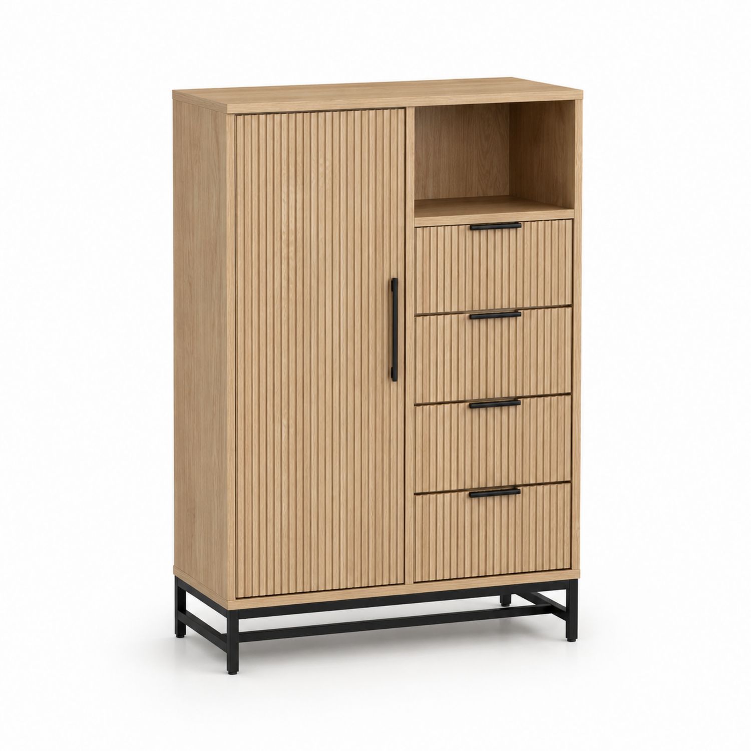 Mobile contenitore in legno con cassetti e anta, Rovere chiaro e Nero