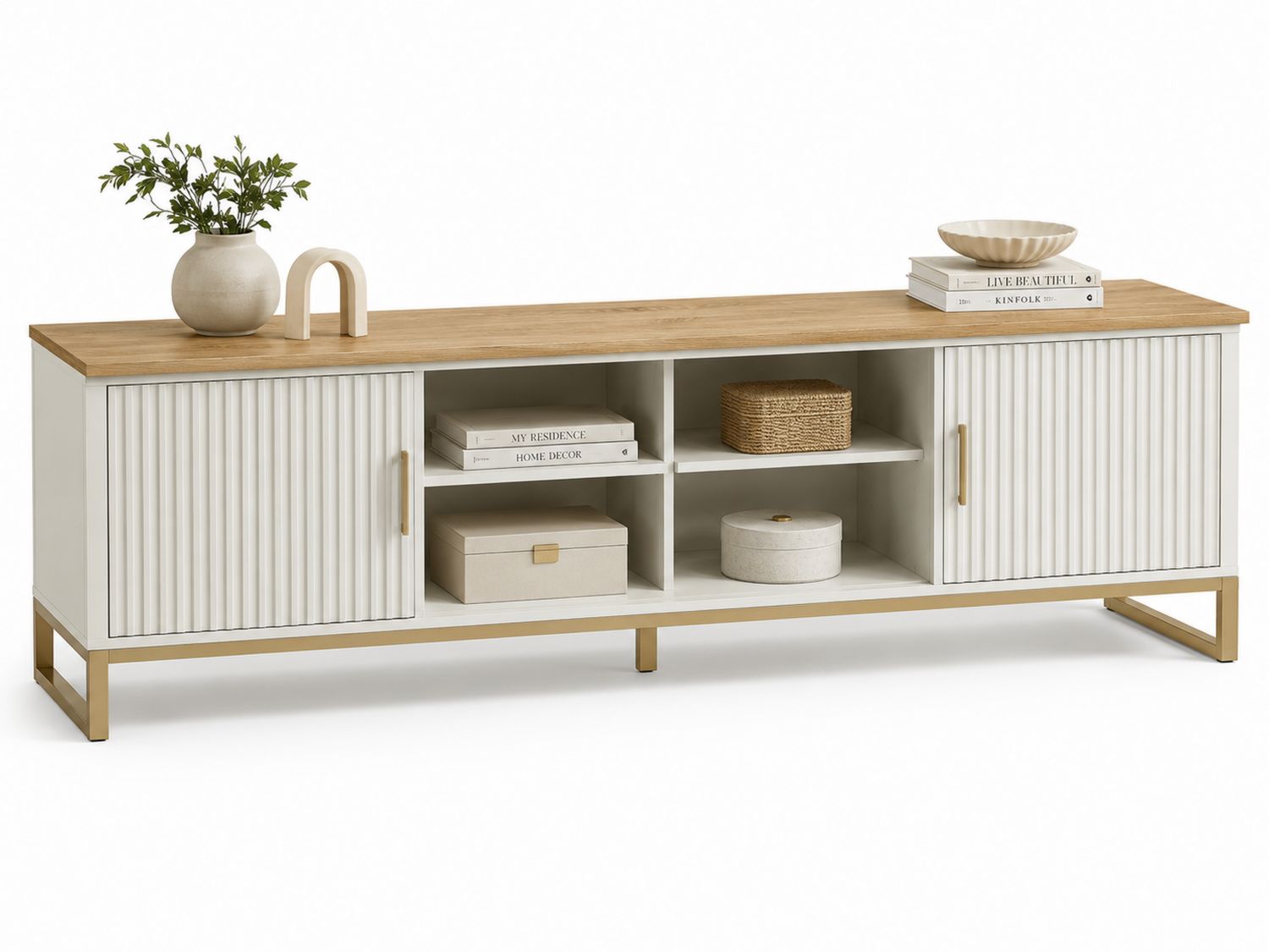 Mobile TV con antine e ripiani in Legno e MDF, Bianco e Rovere