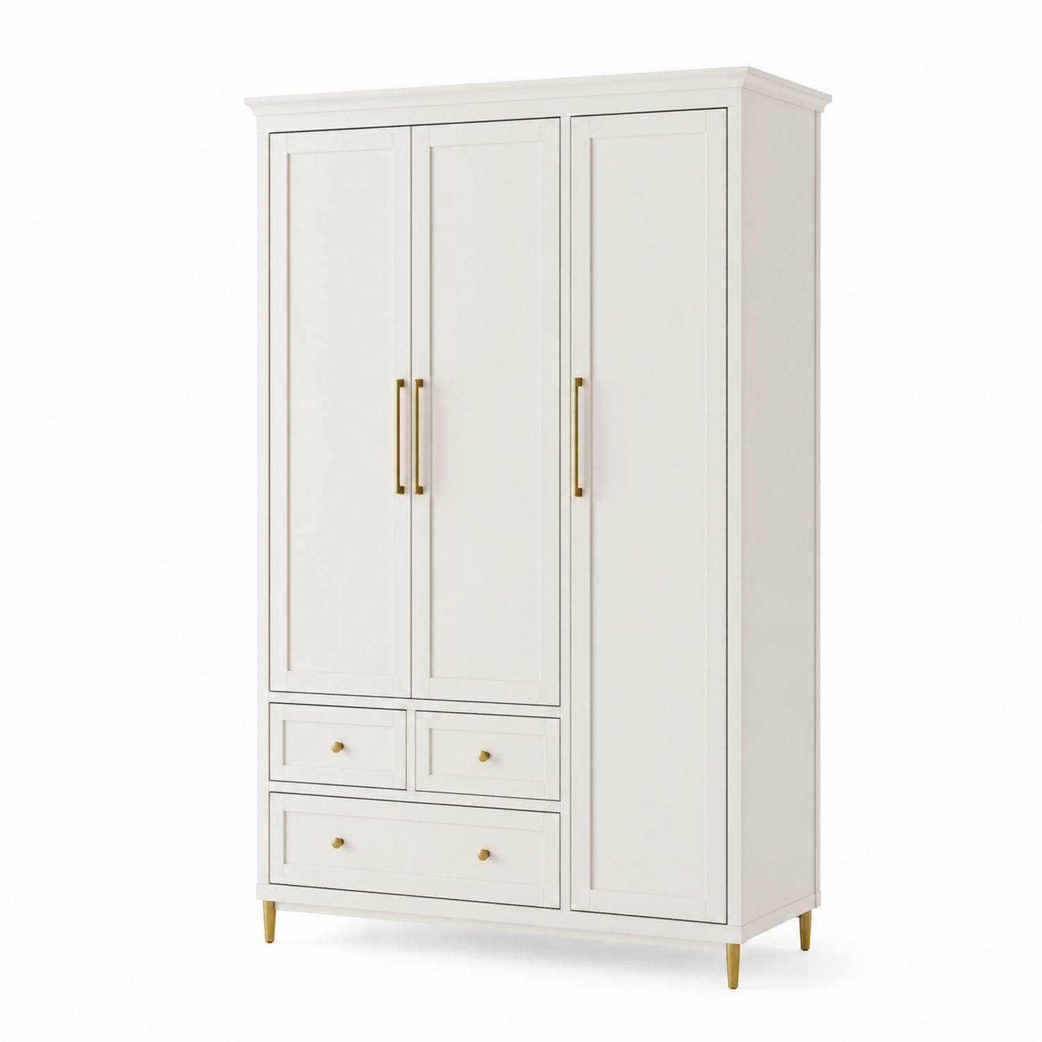 Armadio guardaroba in MDF bianco con maniglie dorate
