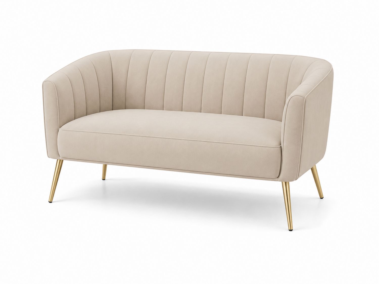 Divano due posti in tessuto poliestere beige con gambe in metallo oro