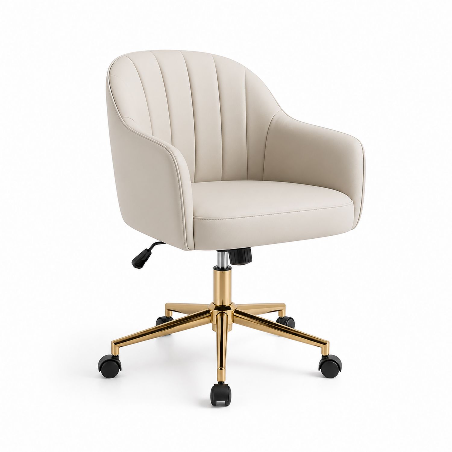 Sedia da ufficio in pelle sintetica beige con base in metallo dorato