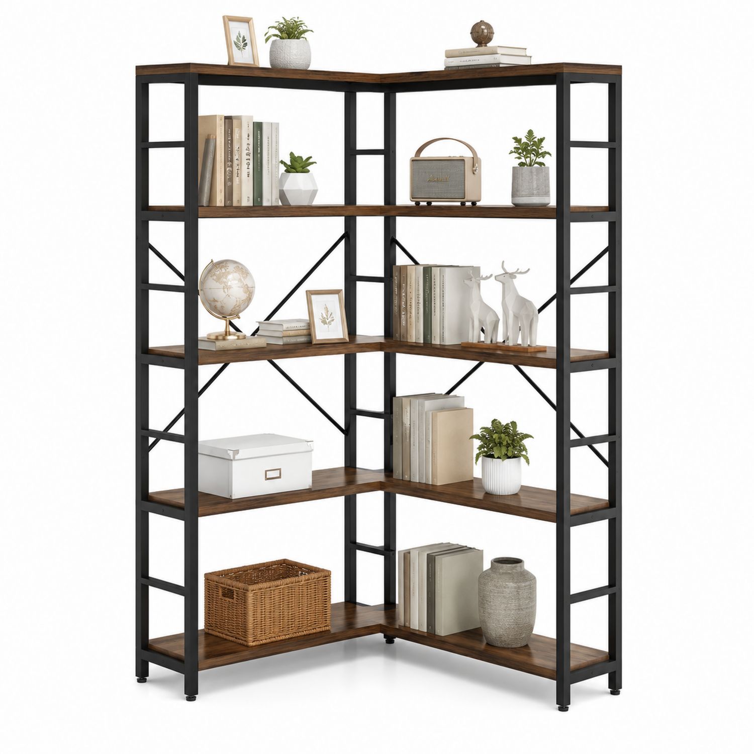 Libreria angolare a 5 ripiani in legno e metallo