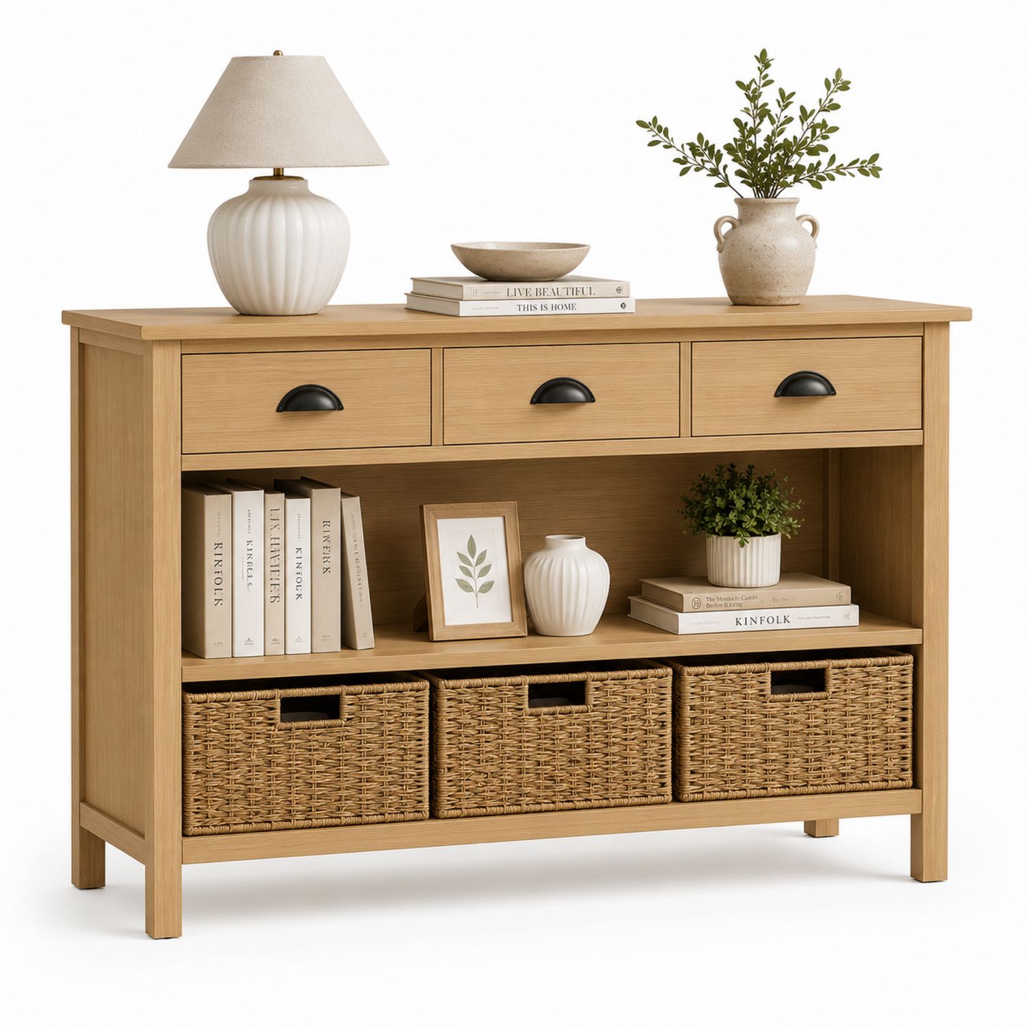 Consolle in Legno con Cassetti e Ceste in Rattan