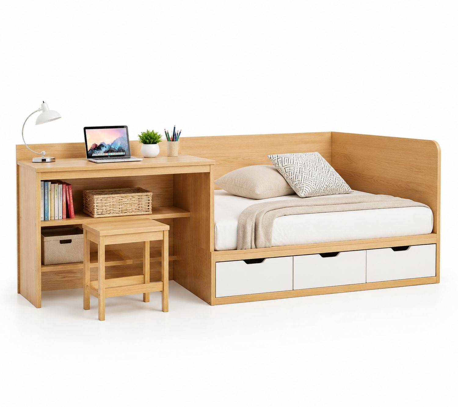 Letto singolo multifunzione in legno con scrivania e cassetti