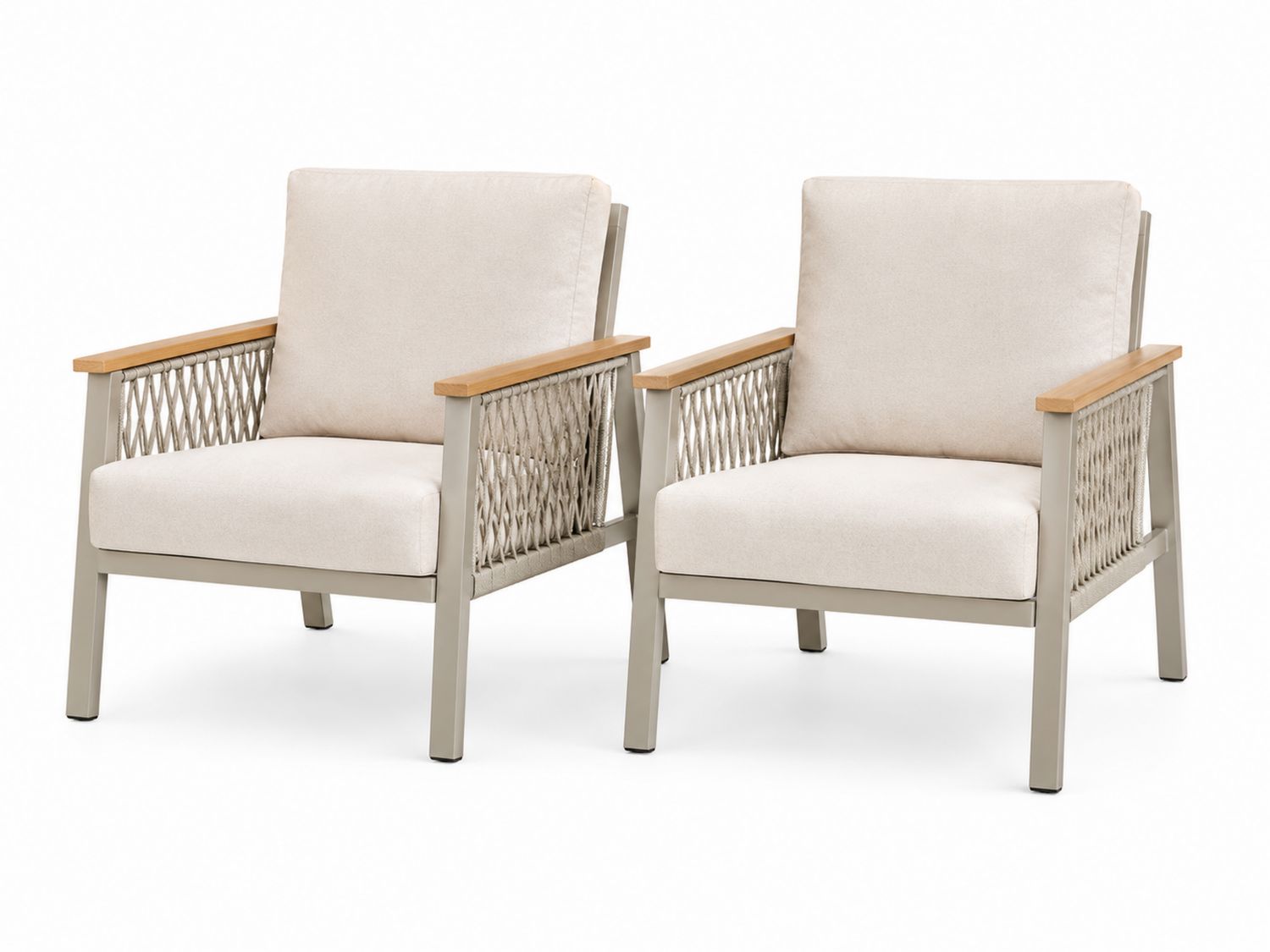 Set di 2 poltrone da esterno in alluminio e legno con cuscini in poliestere Beige