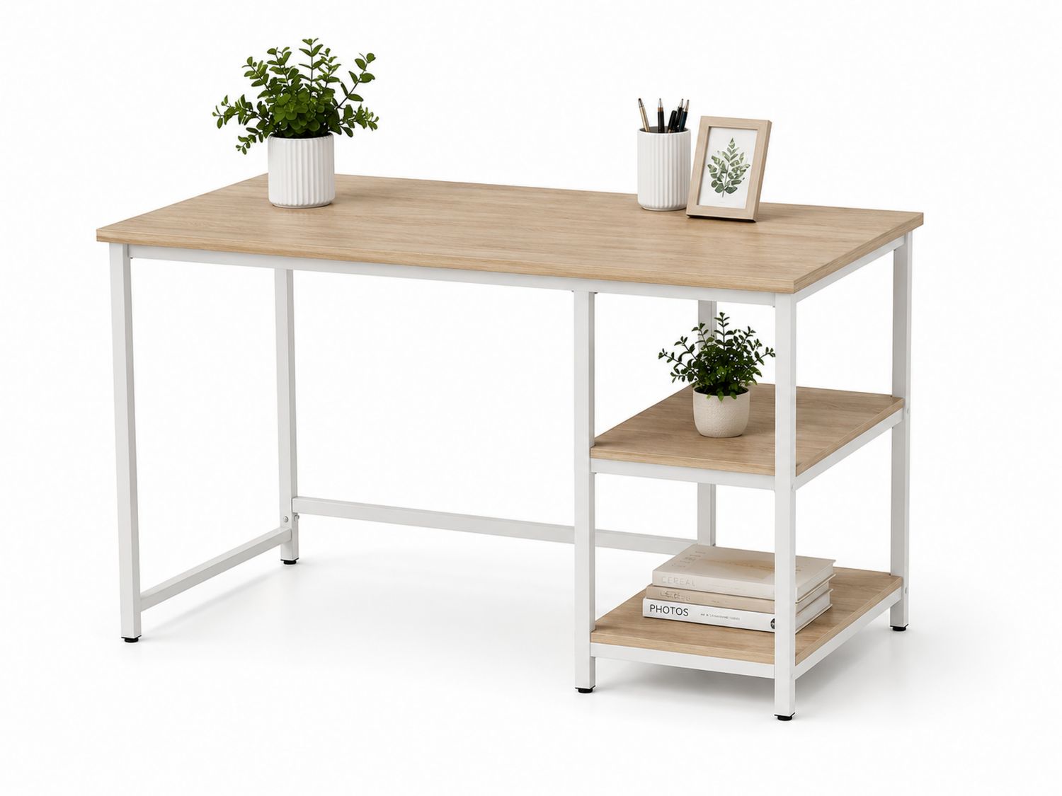 Scrivania rettangolare in legno MDF e metallo con ripiani