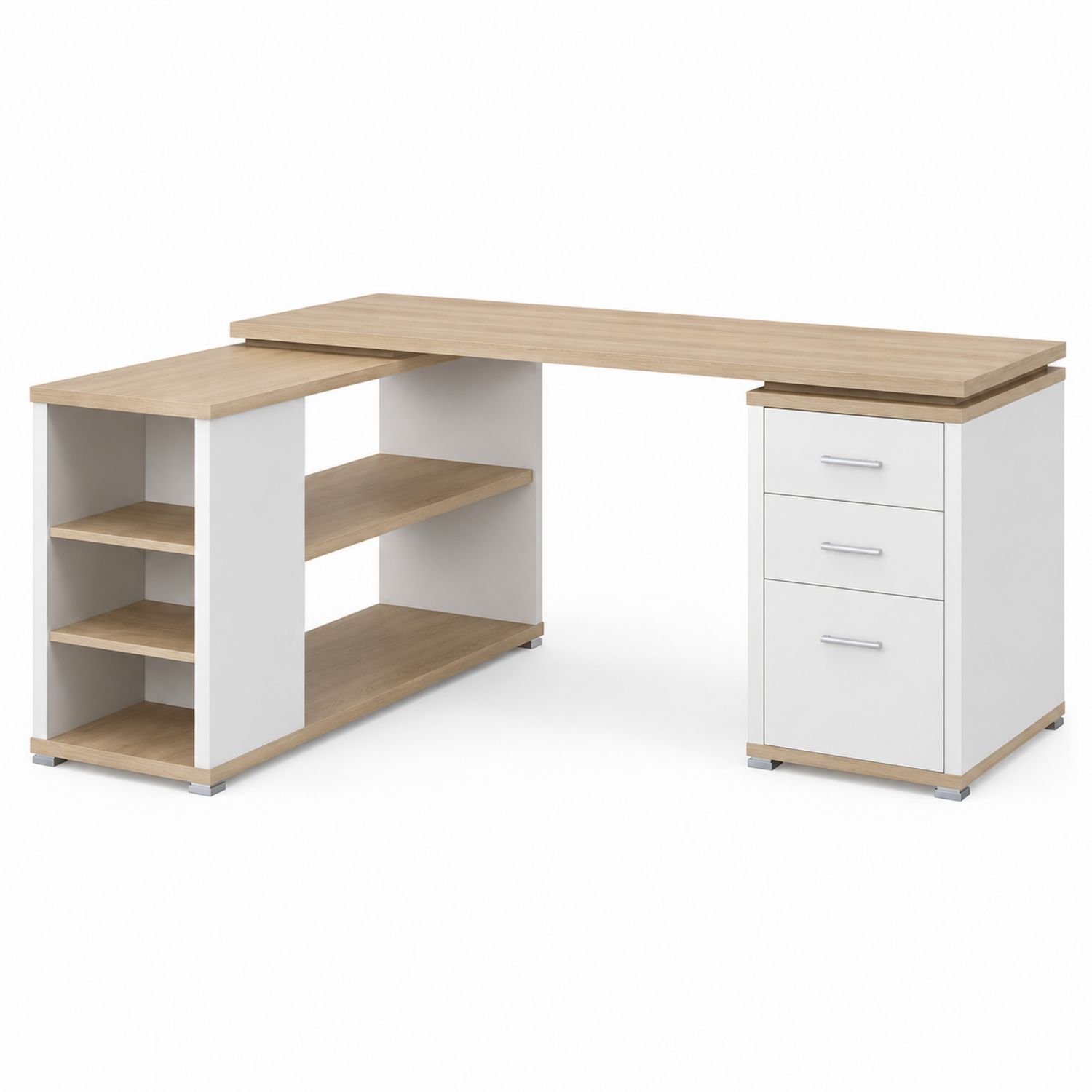 Scrivania Angolare in Legno e Bianco con Cassetti e Ripiani 150x120x75 cm