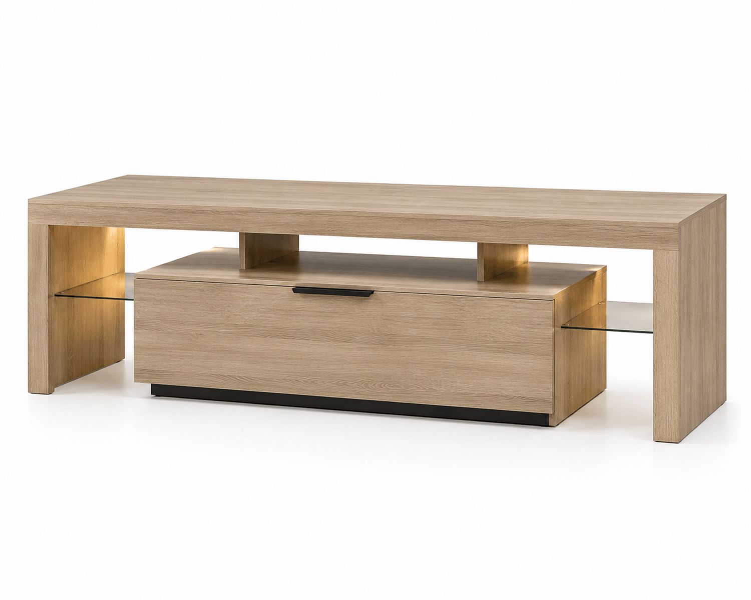 Mobile TV in legno con mensole in vetro temperato e cassetto
