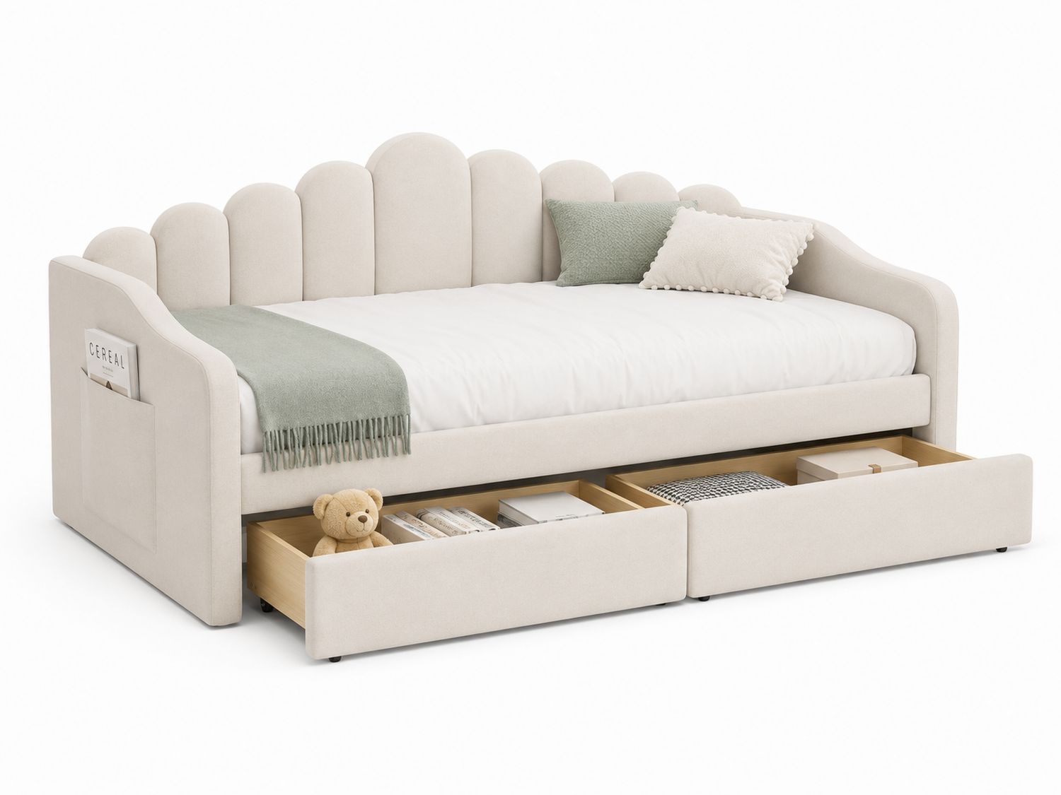 Divano Letto Imbottito in Tessuto Beige con Cassetti