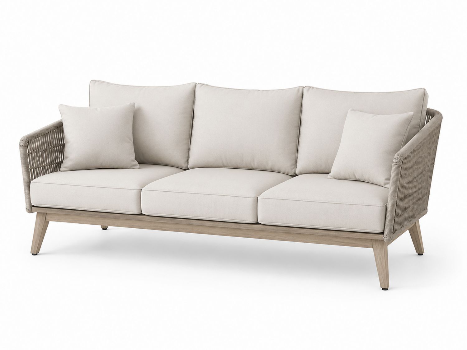 Divano da esterno in legno e corda con cuscini in poliestere beige