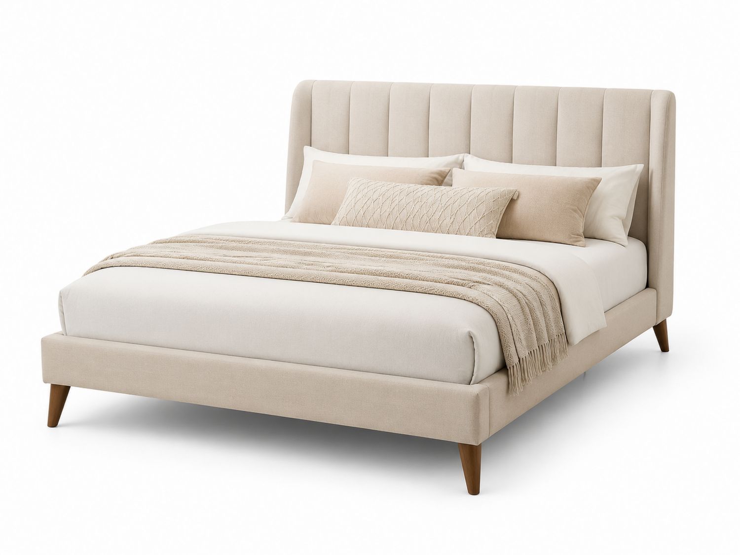 Letto matrimoniale in tessuto beige con gambe in legno