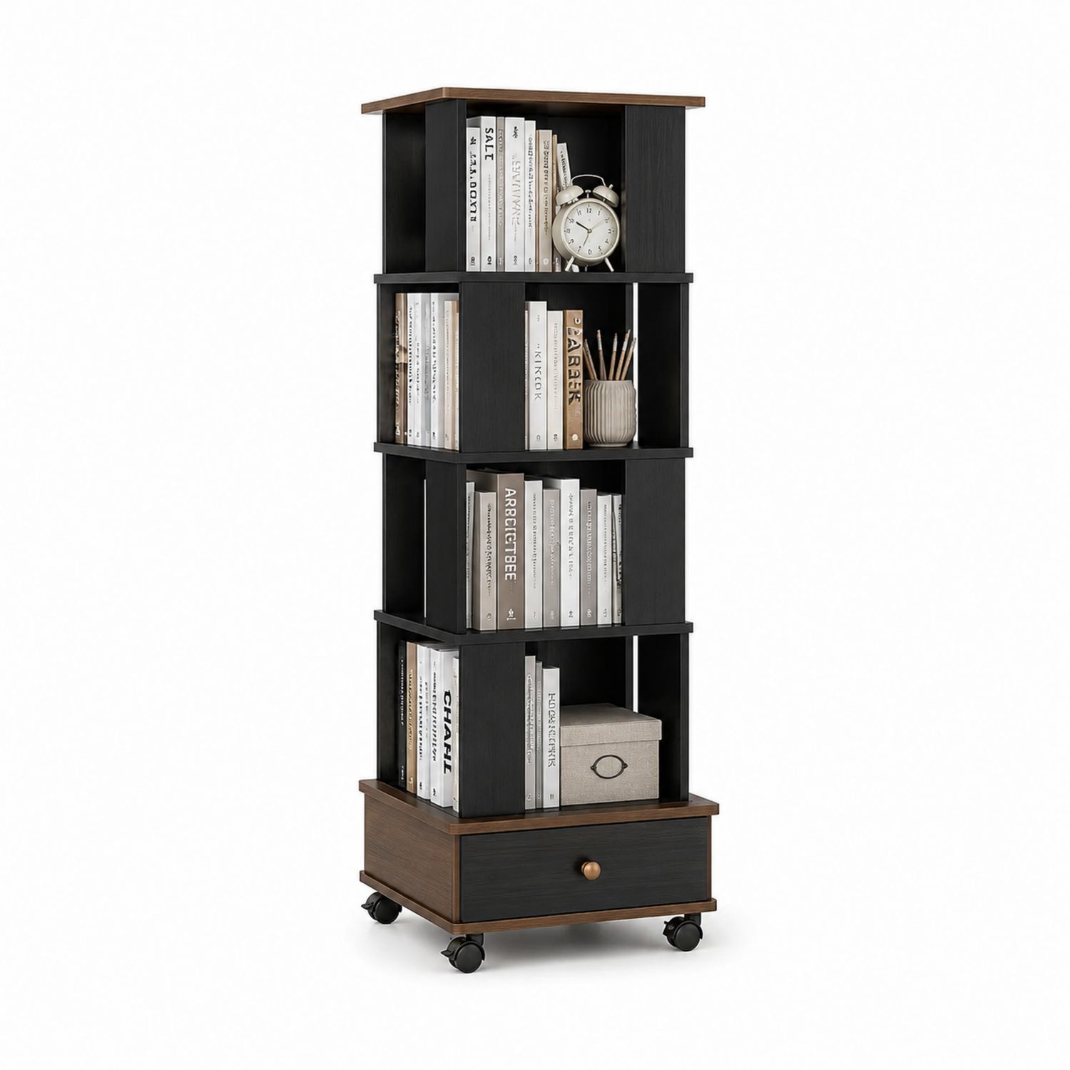 Libreria girevole in legno composito con cassetto e ruote
