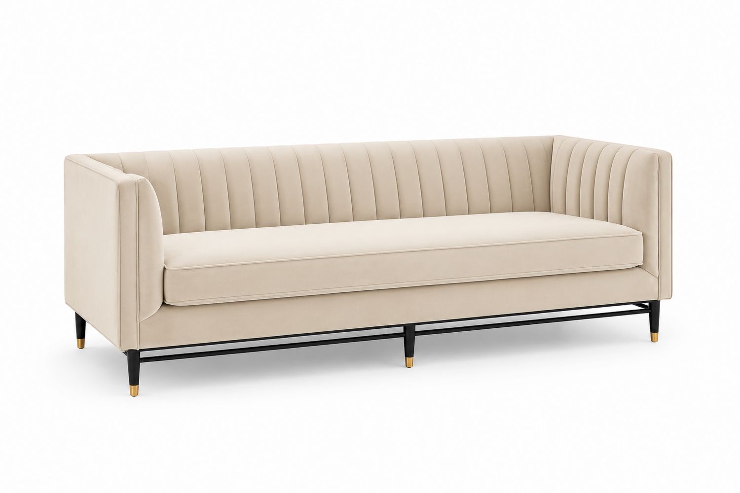 Divano in velluto beige con gambe in metallo