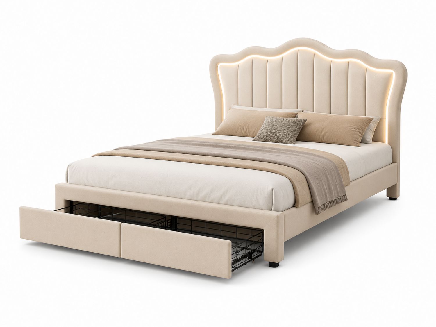 Letto imbottito in velluto con LED e cassetti beige 200x160 cm