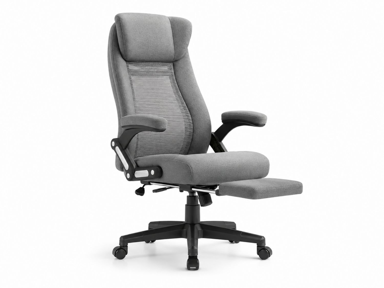 Sedia ergonomica con schienale alto, tessuto grigio con poggiapiedi regolabile