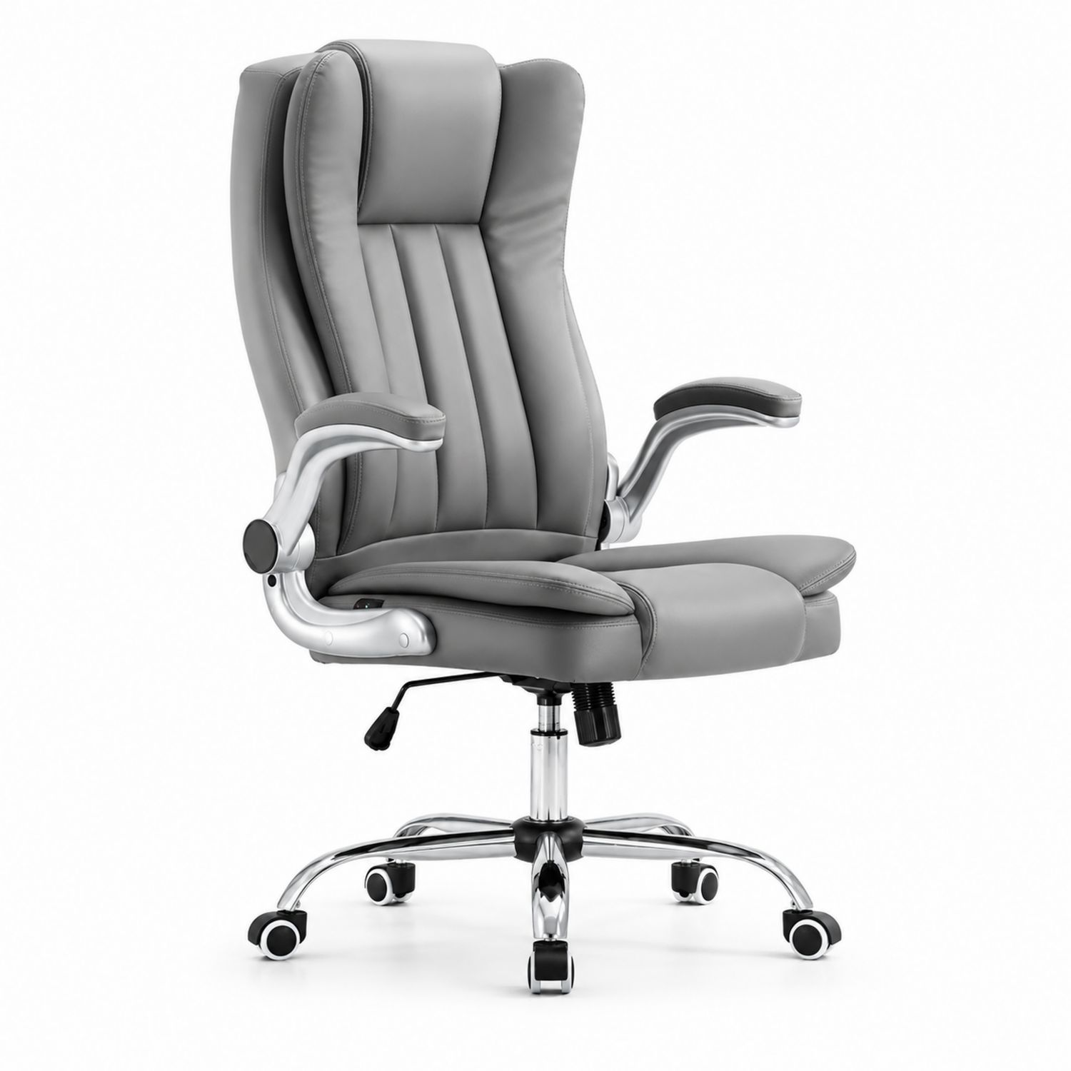 Sedia da ufficio in pelle PU grigio con base in metallo cromato
