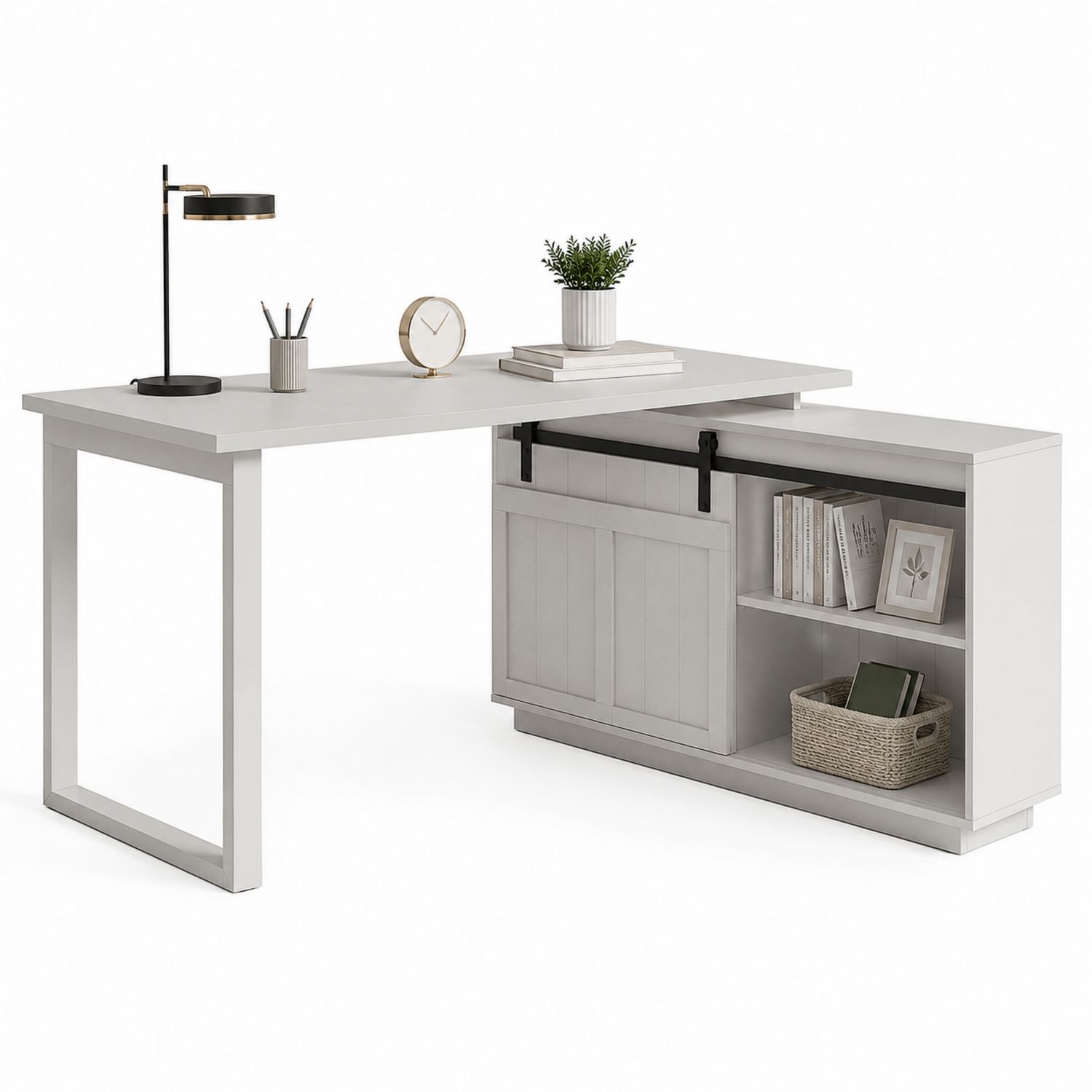 Scrivania ad Angolo in Legno con Mobile Contenitore e Porta Scorrevole Bianca