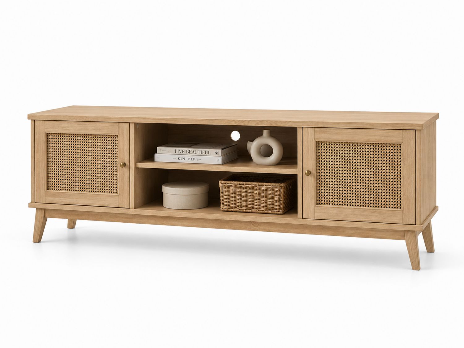 Mobile TV in Legno e Rattan Naturale con Ripiano Centrale