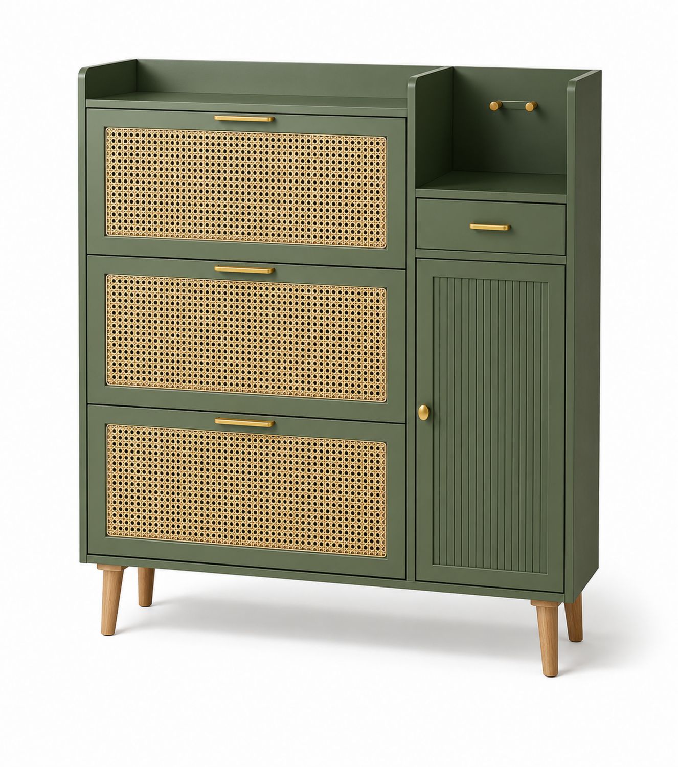 Credenza in legno e rattan con 3 cassetti e 1 sportello, verde oliva