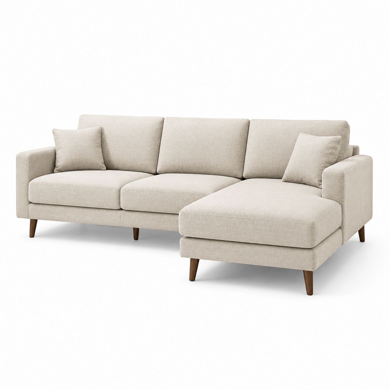 Divano angolare in tessuto con chaise longue e gambe in legno